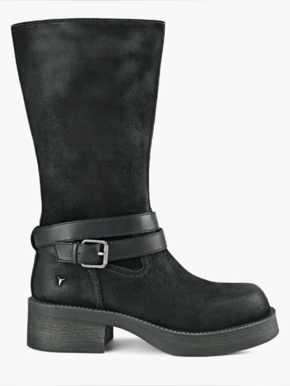 Windsor Smith Black Suede Mid-Calf Buckle Strap Heeled Boots